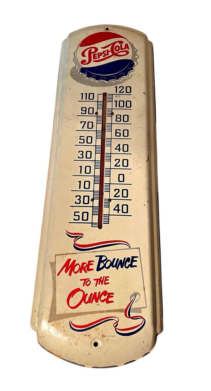Vintage 50’s Pepsi-Cola Metal Thermometer “More Bounce to the Ounce” 27” M156